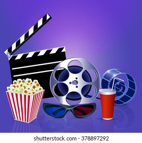Illustration background while a movie with popcorn, glasses, films and a drink