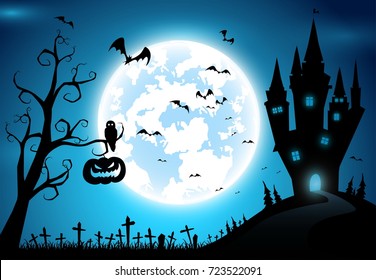 illustration background,festival halloween,full moon on dark night with many ghost and devil walking to castle for celebration halloween day