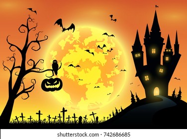 illustration background,festival halloween,full moon on dark night with many ghost and devil walking to castle for celebration halloween day