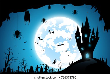 illustration background,festival halloween,full moon on dark night with many ghost and devil walking to castle for celebration halloween day