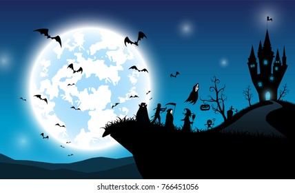 illustration background,festival halloween,full moon on dark night with many ghost and devil walking to castle for celebration halloween day