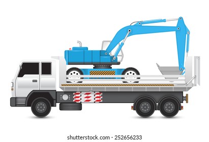Illustration of backhoe machine on heavy truck.