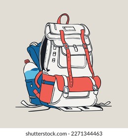 Illustration of a backpack with bottle of blue water
