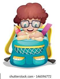 Illustration of a backpack with a boy inside on a white background 