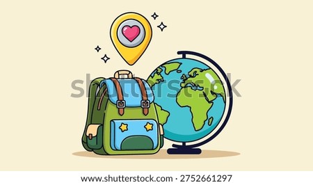 Illustration of a backpack, globe, and location pin with a heart, symbolizing travel and education.