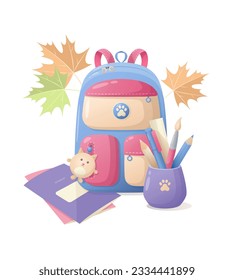 Illustration of a backpack with school supplies. Back to school, knowledge day, school theme. Vector school illustration isolated on white background.