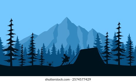 illustration of backpacker camping in the coniferous forest with tent. Vector illustration of adventurer campground in the wildlife. Mountain and pine forest landscape with camp of traveler tent