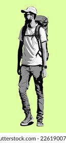Illustration des Backpackers auf Schwarz-Weiß