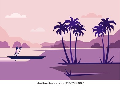 Illustration of a backwater scene in Kerala, India.