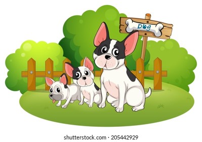 Illustration of a backyard with three bulldogs on a white background