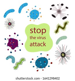 Illustration of bacteria, viruses, microbe and germs. Infection warning. Stock vector isolated illustration. 