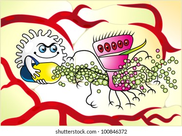 Illustration of a bacterium shot by a white blood cell that uses an antibiotic such as a rifle