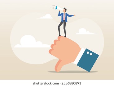 An illustration of bad businessman with megaphone discredit and blaming other people on thumb down symbol. Discredit or blame other people, fake news or negative feedback concept