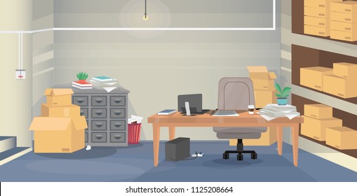 Illustration of a bad example of a workplace surrounding by boxes and mess. Layered vector graphic for your design project.