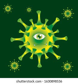 illustration of a bad green virus with one eye and surrounded by small virus particles. vector