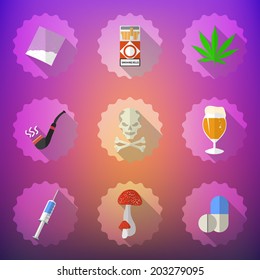 Illustration of Bad Habits Flat Vector Icon Set. Include beer, alcohol, pills, injector, smoking pipe, marijuana etc.