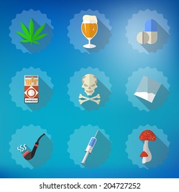 Illustration of Bad Habits Flat Vector Icon Set. Include beer, alcohol, pills, injector, smoking pipe, marijuana etc.
