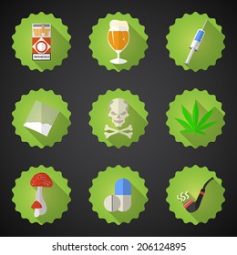 Illustration Of Bad Habits Flat Vector Icon Set. Include Beer, Alcohol, Pills, Injector, Smoking Pipe, Marijuana Etc.