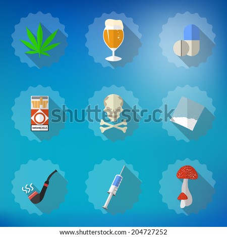 Illustration of Bad Habits Flat Vector Icon Set. Include beer, alcohol, pills, injector, smoking pipe, marijuana etc.