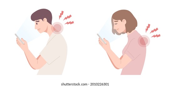 Illustration of bad smartphone using postures cause of neck and shoulder pain. Spine damage. Concept of health care, physical injury, medical, lifestyle. Flat vector illustration character.