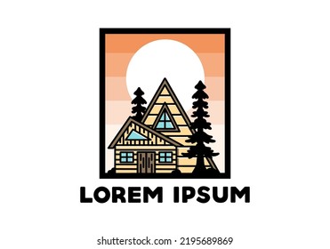 Illustration badge design of an aesthetic wood house between two pine trees