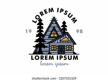 Illustration badge design of an aesthetic wood house between two pine trees