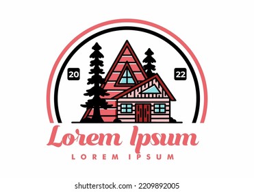 Illustration badge design of an aesthetic wood house between two pine trees