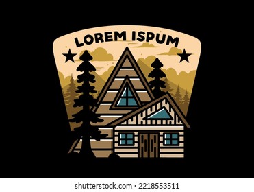 Illustration badge design of an aesthetic wood house between two pine trees