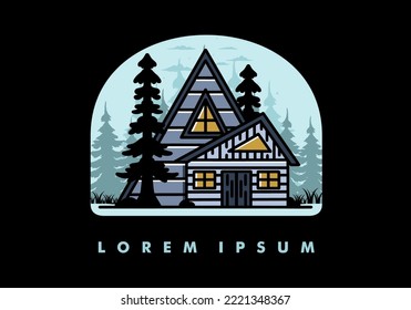 Illustration badge design of an aesthetic wood house between two pine trees