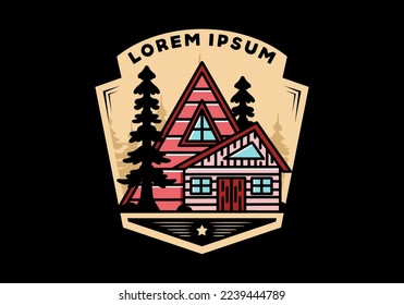 Illustration badge design of an aesthetic wood house between two pine trees