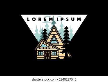 Illustration badge design of an aesthetic wood house between two pine trees