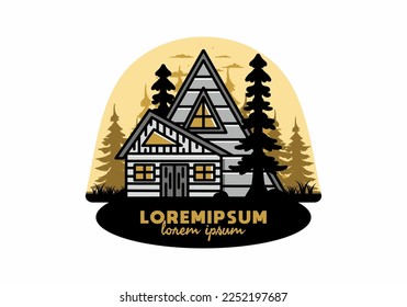Illustration badge design of an aesthetic wood house between two pine trees
