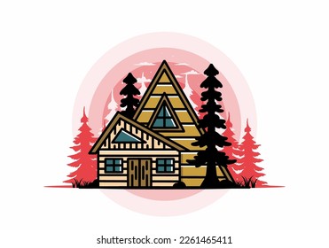 Illustration badge design of an aesthetic wood house between two pine trees