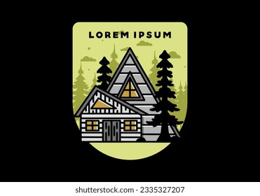 Illustration badge design of an aesthetic wood house between two pine trees