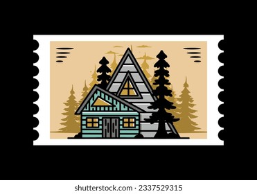 Illustration badge design of an aesthetic wood house between two pine trees