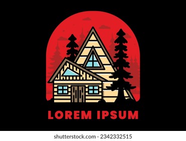 Illustration badge design of an aesthetic wood house between two pine trees