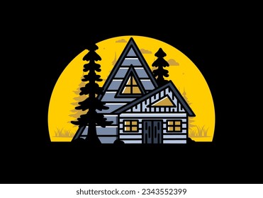 Illustration badge design of an aesthetic wood house between two pine trees