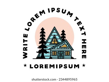 Illustration badge design of an aesthetic wood house between two pine trees