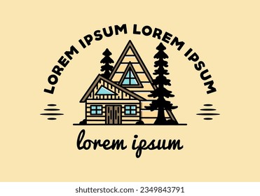 Illustration badge design of an aesthetic wood house between two pine trees