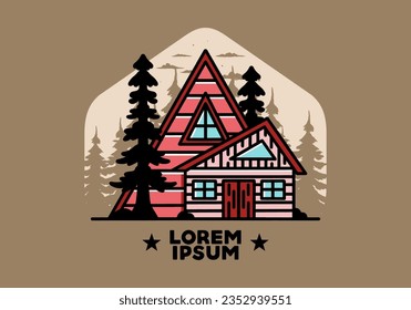 Illustration badge design of an aesthetic wood house between two pine trees
