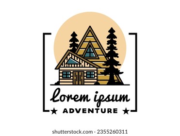 Illustration badge design of an aesthetic wood house between two pine trees