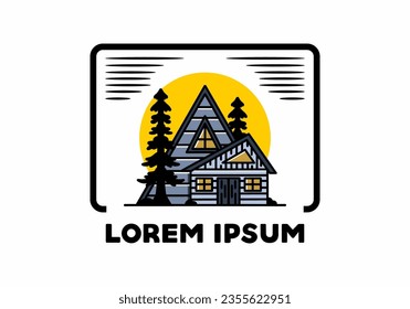 Illustration badge design of an aesthetic wood house between two pine trees