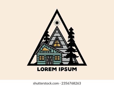 Illustration badge design of an aesthetic wood house between two pine trees