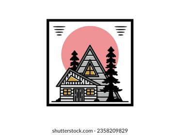 Illustration badge design of an aesthetic wood house between two pine trees