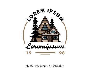 Illustration badge design of an aesthetic wood house between two pine trees