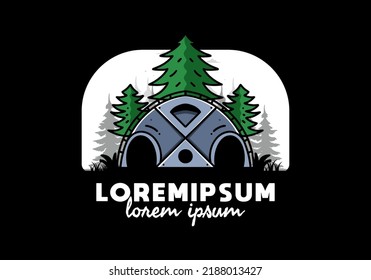 Illustration badge design of a Big family tent and pine trees