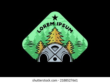 Illustration badge design of a Big family tent and pine trees
