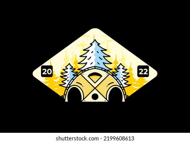 Illustration badge design of a Big family tent and pine trees