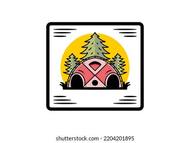 Illustration badge design of a Big family tent and pine trees