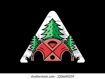Illustration badge design of a Big family tent and pine trees